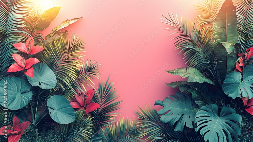 Naklejka premium Vibrant tropical foliage framing a soft pink background, ideal for summer-themed designs