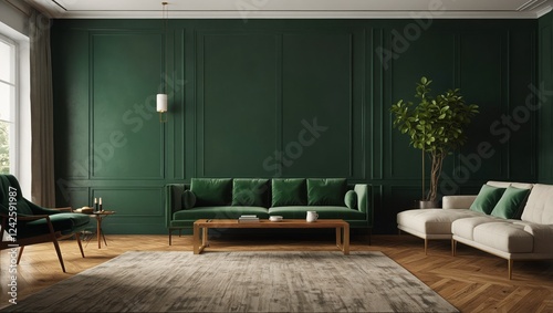 A serene interior space with deep green wall panels and a warm wooden floor