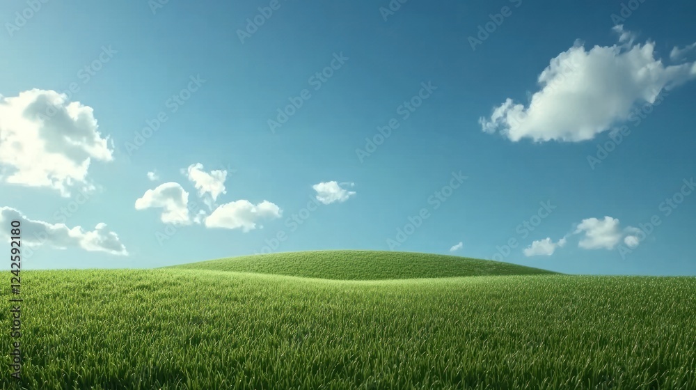 Sunny day, green rolling hills, blue sky, fluffy clouds, idyllic landscape, nature background Sunny day, green rolling hills, blue sky, fluffy clouds, idyllic landscape, nature background