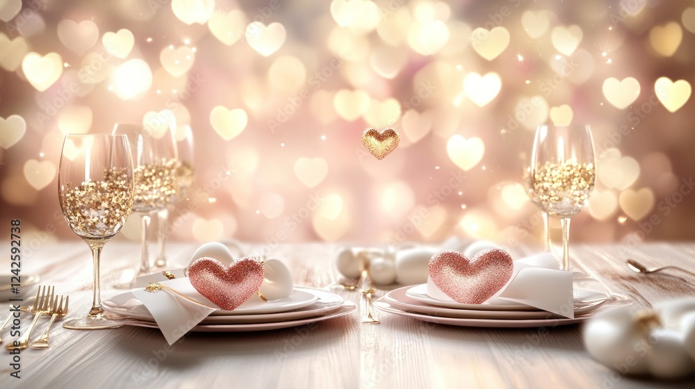 Romantic Valentine's Day dinner table setting with bokeh hearts