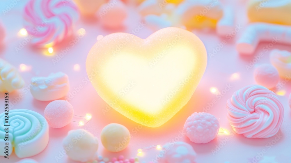 Obraz premium Glowing heart among pastel sweets, fairy lights; pink background; Valentine's Day card