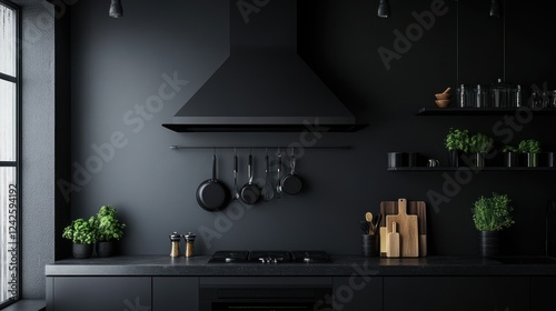 Dark kitchen interior, cooking utensils, window view, shelves, modern design