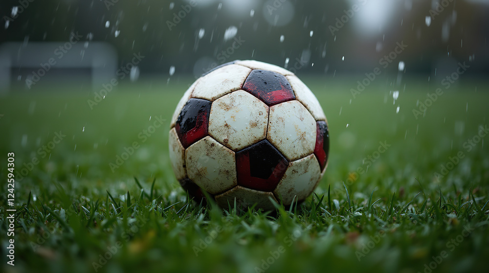 Obraz premium Rain soaked soccer ball on a grassy field.