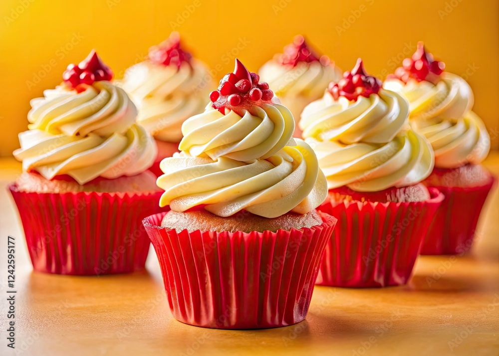 Red-iced white cupcakes bask in yellow light, a landscape of sweet treats. Red-iced white cupcakes bask in yellow light, a landscape of sweet treats.
