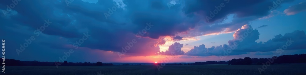 Obraz premium Dark blue clouds gather over a serene landscape, evening dusk, atmospheric conditions