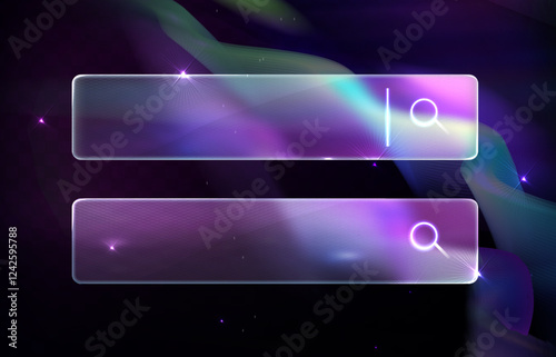 Neon Glass Search Bars. Glassmorphism screen smartphone. Transparent matt glass plates on the northern lights background in the night starry sky. Aurora Borealis