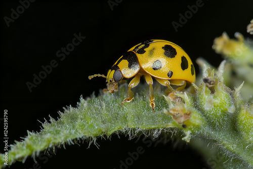 Close up of a yellow ladybug on a leaf. photo