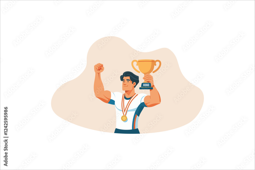 Illustration male athlete wearing sport jersey lifting gold trophy. Happy man celebrating victory of national competition championship. Vector illustration.