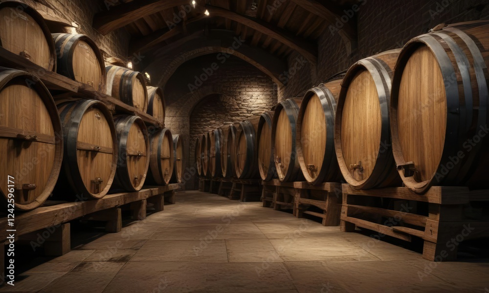Wooden wine barrels in a dimly lit winery cellar, fermentation, storage Wooden wine barrels in a dimly lit winery cellar, fermentation, storage