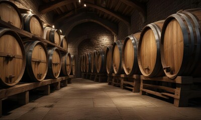 Papier peint photo  Wooden wine barrels in a dimly lit winery cellar, fermentation, storage  © AiGallery