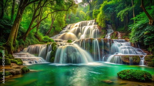 Sam Lan Waterfall's majestic cascade thunders in Saraburi's rainy season, a vintage Thai scene.