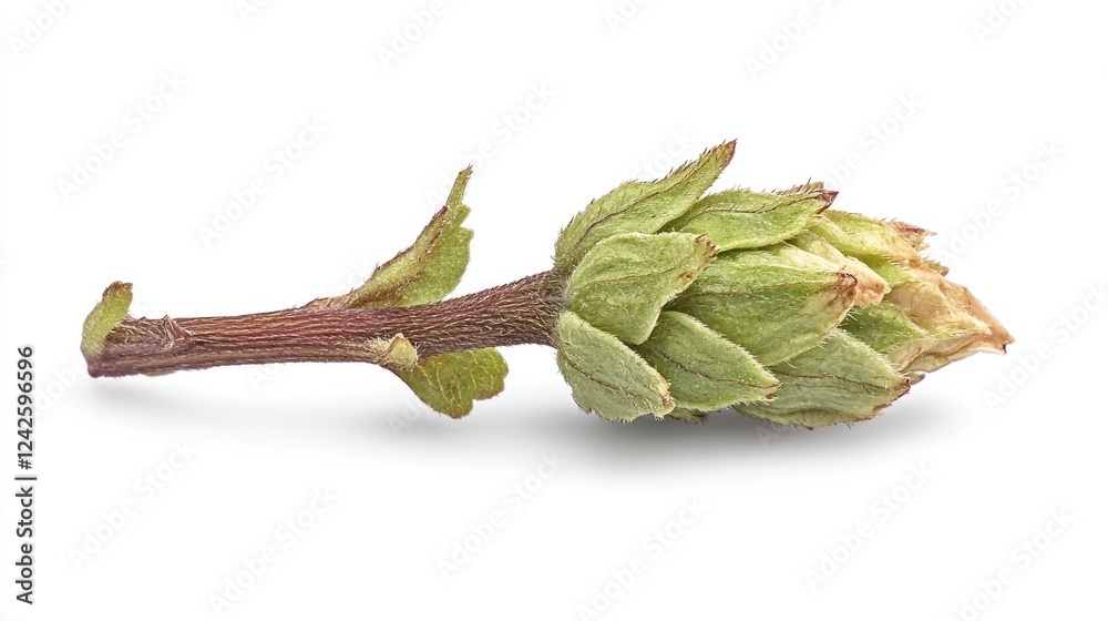 Unripe hop cone stem studio shot, white background, brewing ingredient Unripe hop cone stem studio shot, white background, brewing ingredient