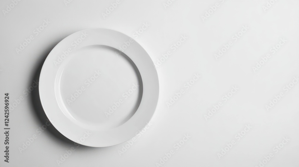 White plate, empty, tabletop, studio, minimalist background, food photography White plate, empty, tabletop, studio, minimalist background, food photography