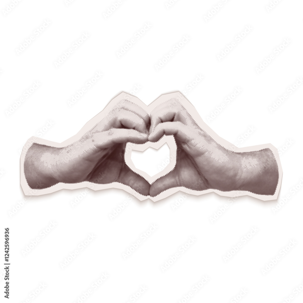 Fototapeta premium Male hands forming a heart. Isolated vector collage illustration cut from an old newspaper with a halftone effect. Trendy retro element gesture heart with Bitmap texture
