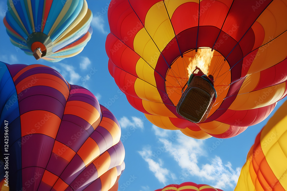 Obraz premium Close up of a group of hot air colorful balloons floating against the sky.