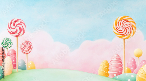 Wallpaper Mural Watercolor Easter Candy Land concept. Colorful candy landscape with lollipops and swirls under a blue sky Torontodigital.ca