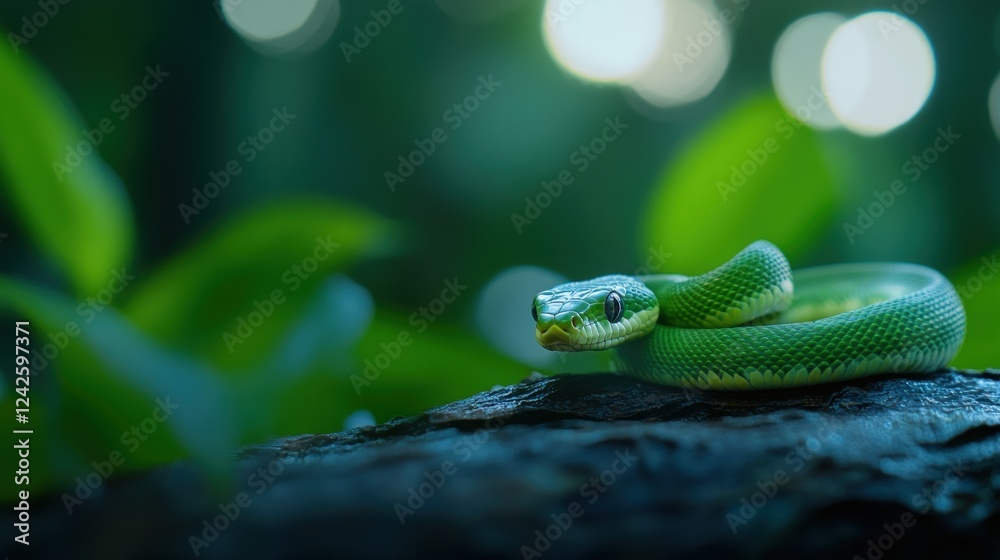 Fototapeta premium Emerald Green Snake in Lush Forest
