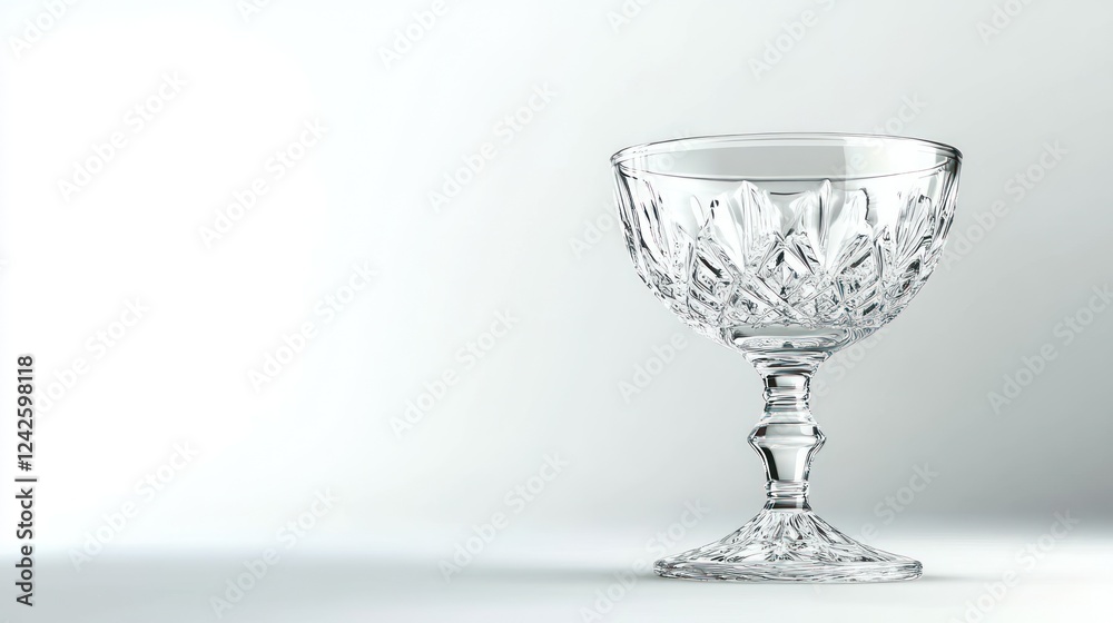Obraz premium Elegant crystal coupe glass on white background, studio shot, empty, for advertising