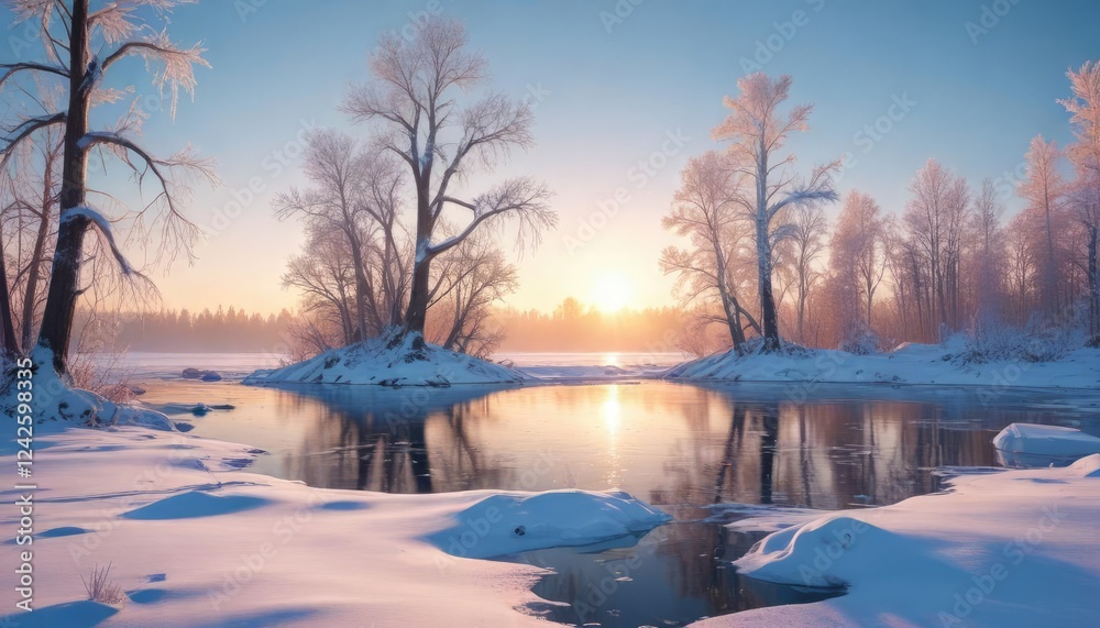 Winter landscape with a frozen lake and snow-covered trees, still life, lake Winter landscape with a frozen lake and snow-covered trees, still life, lake
