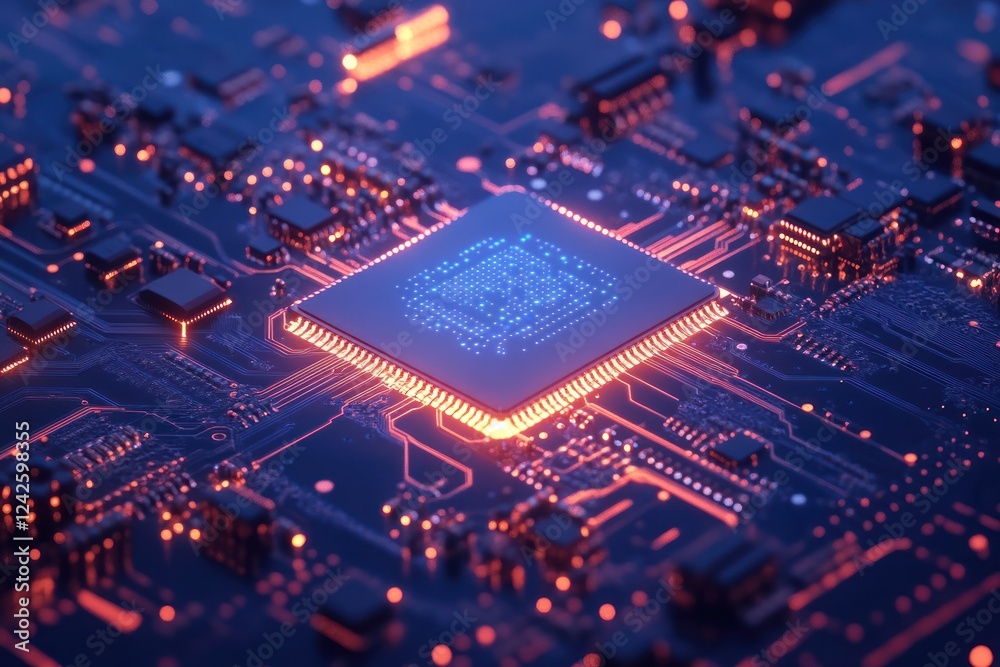 Illuminated CPU on circuit board; tech background; data processing Illuminated CPU on circuit board; tech background; data processing