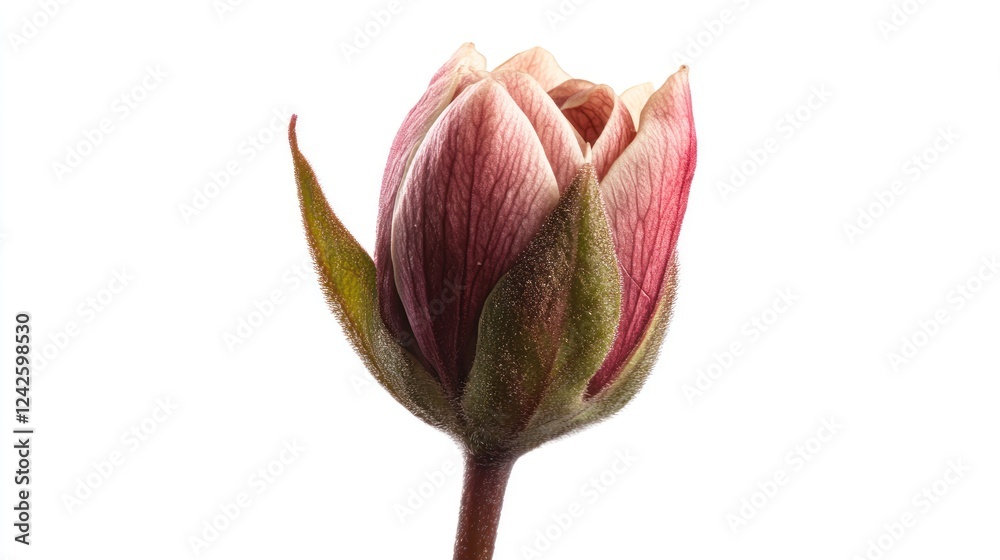 Fototapeta premium Pink rosebud blossom studio shot, white background, floral design