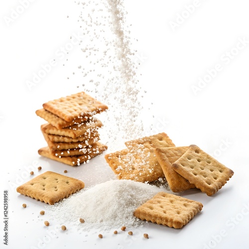 Crackers flying fall down with sugar grains realistic HD photo isolated white background for your5 5 FnB business
 photo