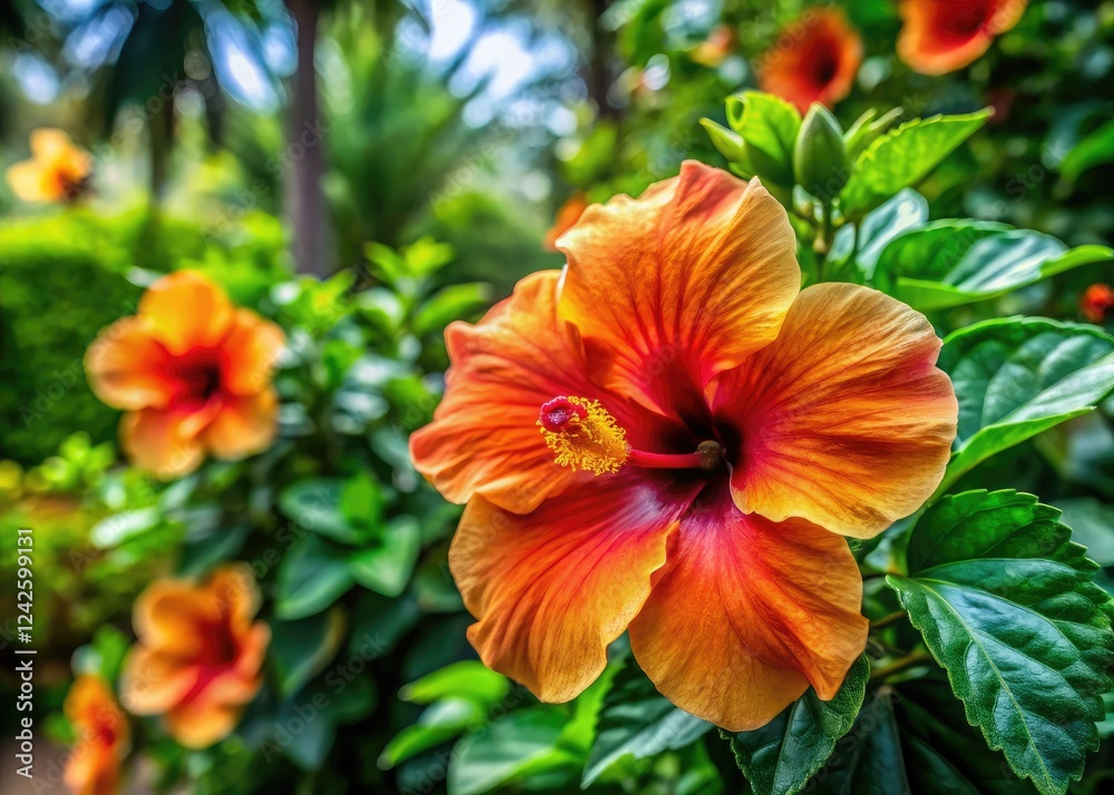 Fototapeta premium Sun-drenched hibiscus, fiery orange and red, bloom brilliantly in summer's garden.