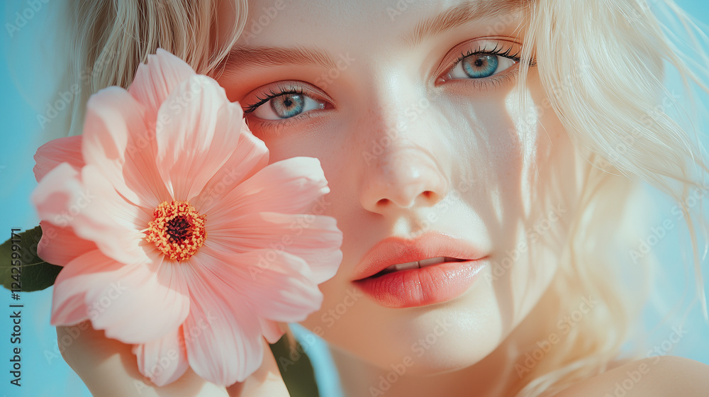 Close-up of a beautiful woman with flawless skin, vibrant blue eyes, and soft pink lips holding a delicate flower, symbolizing beauty, skincare, natural freshness. Beauty industry advertising photo. Close-up of a beautiful woman with flawless skin, vibrant blue eyes, and soft pink lips holding a delicate flower, symbolizing beauty, skincare, natural freshness. Beauty industry advertising photo.