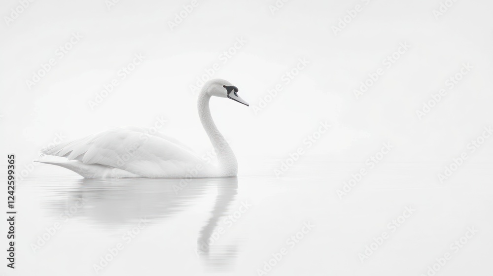 Fototapeta premium Serene swan swims calm lake, misty background, peaceful nature scene