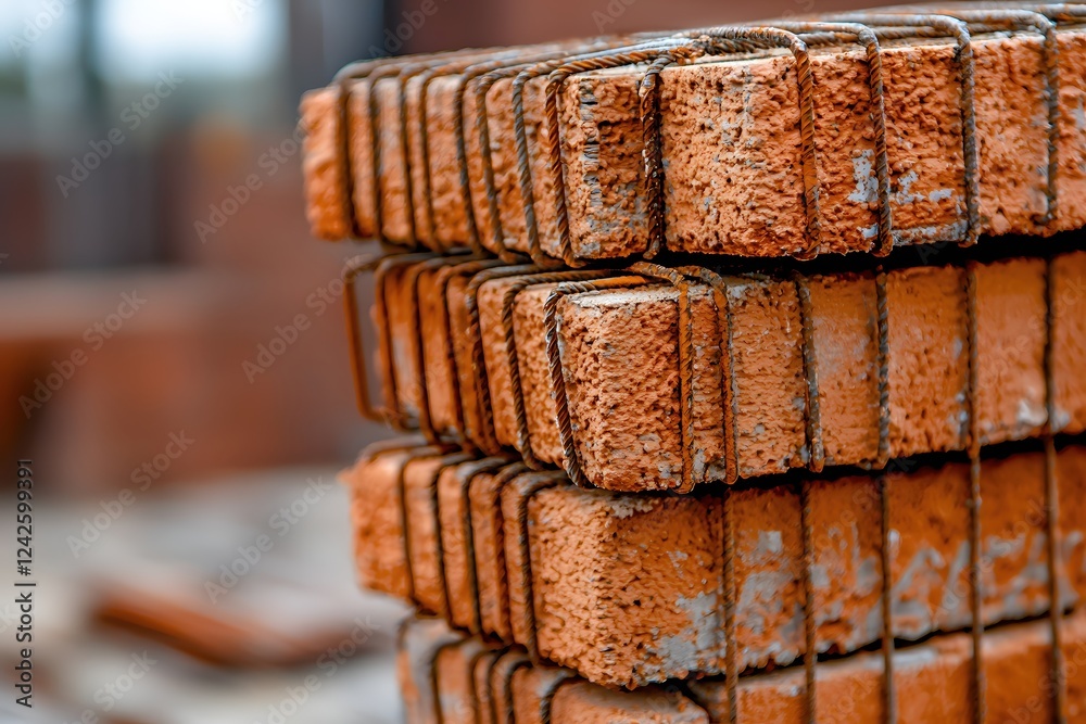 Naklejka premium Stacked Bricks Construction Site Detail Rusty Wire Reinforced