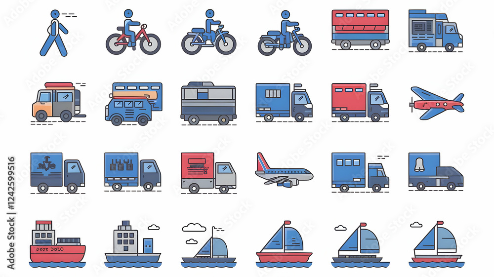 Obraz premium Transportation flat icon set. Transport icon collection. Containing walk, bicycle, motorcycle, motorbike, train, car, truck, aeroplane, plane, bus, ship, sailboat, and aircraft for delivery