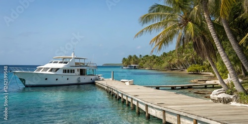 Wallpaper Mural White yacht moored to a wooden dock in a picturesque bay with swaying palm trees and clear blue waters, palm trees, ocean, bay Torontodigital.ca