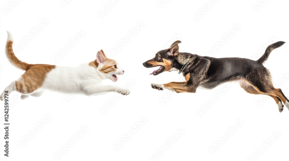 Playful dog and cat chase, studio, white background, pet adoption Playful dog and cat chase, studio, white background, pet adoption