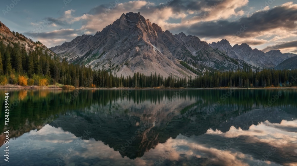 Majestic Mountain Reflection in Serene Lake at Dusk