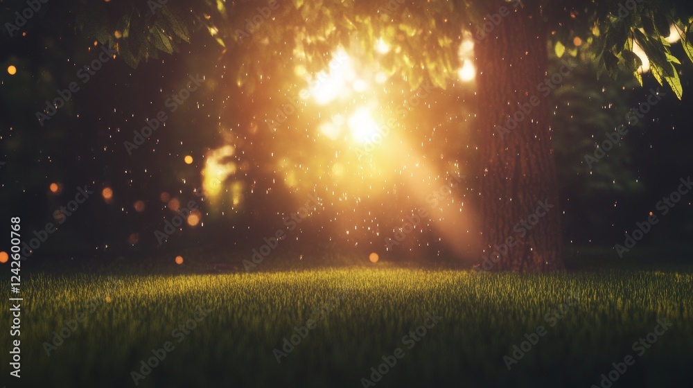 Naklejka premium Serene Sunset Glow in Lush Green Forest