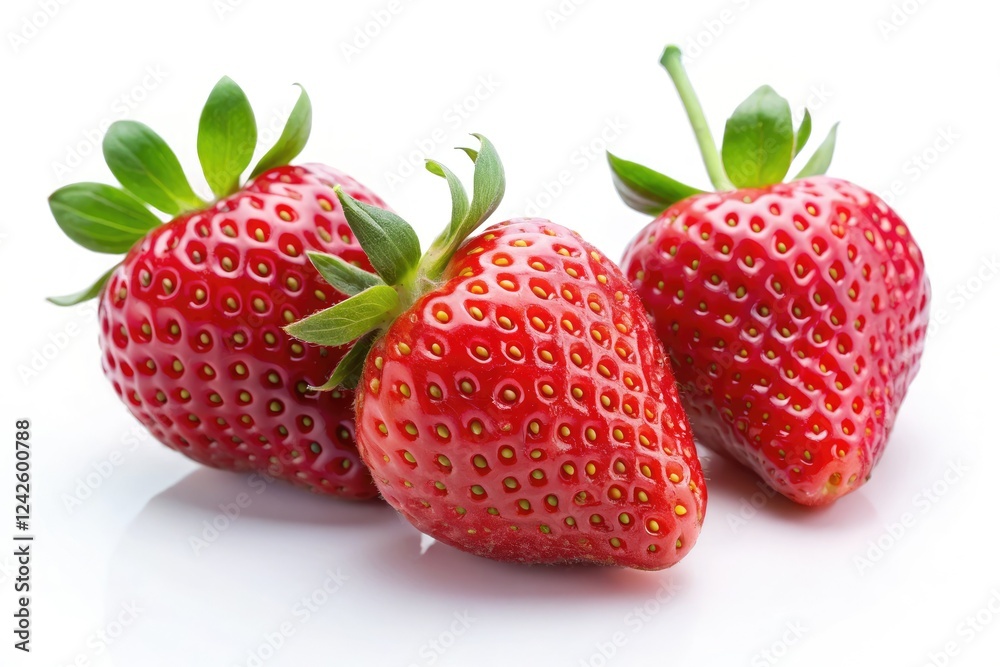 Three perfect strawberries, vibrant red against a stark white, minimalist perfection. Three perfect strawberries, vibrant red against a stark white, minimalist perfection.