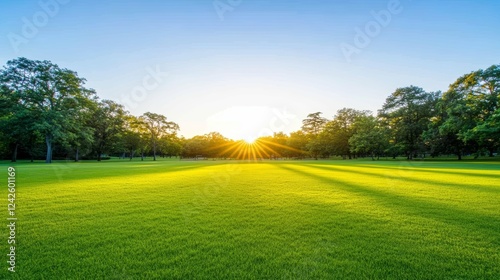 Serene Sunset Landscape Green Grass, Sunbeams, Trees