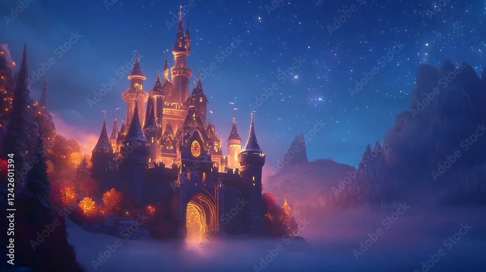 Naklejka premium Illuminated Castle Amidst Snowy Peaks and a Starry Night