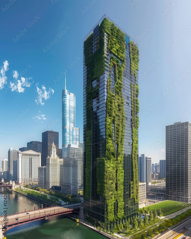 Obraz premium A modern skyscraper adorned with greenery, located in an urban setting, showcasing sustainable architecture and a vibrant cityscape.