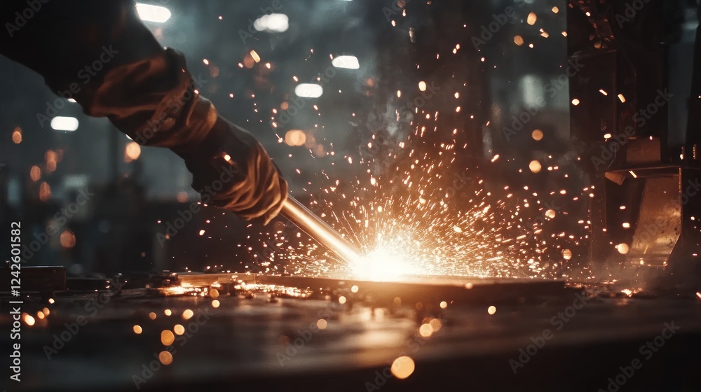 Factory welder sparks metal, industrial background Factory welder sparks metal, industrial background