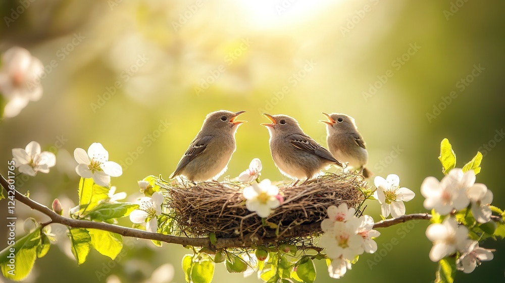 Fototapeta premium Three baby birds chirping in spring blossom nest