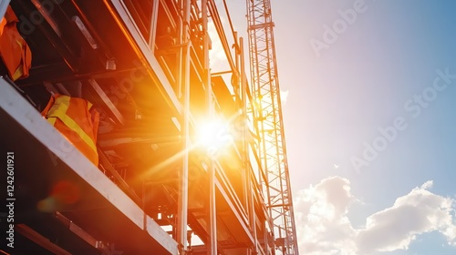 Bright Sunbeams Illuminate Construction Workers on a High Rise Steel Structure