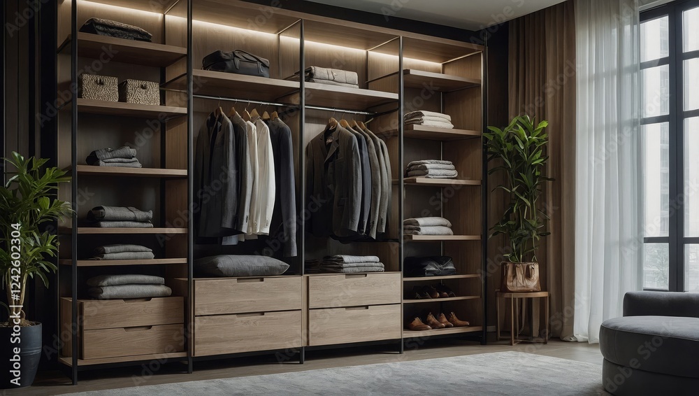 A sleek contemporary men's wardrobe featuring open shelves, hanging rods A sleek contemporary men's wardrobe featuring open shelves, hanging rods