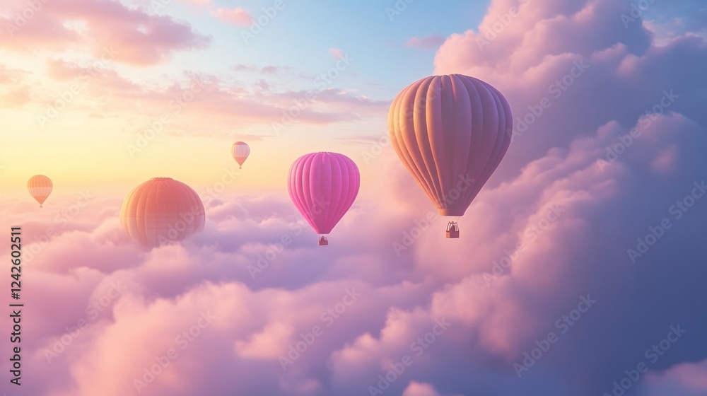 Fototapeta premium Hot air balloons soar above sunset cloudscape