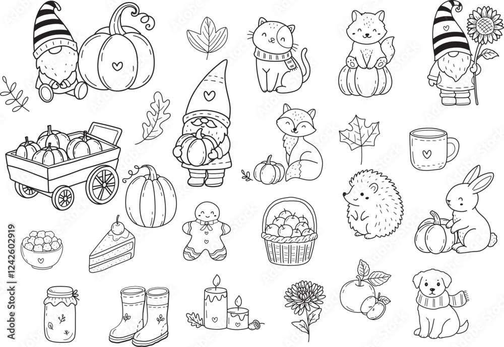 Fototapeta premium Autumn line art fall with gnome wildanimal pumpkin doodle outline elements, hand drawn leaf flower isolated.vector illustration