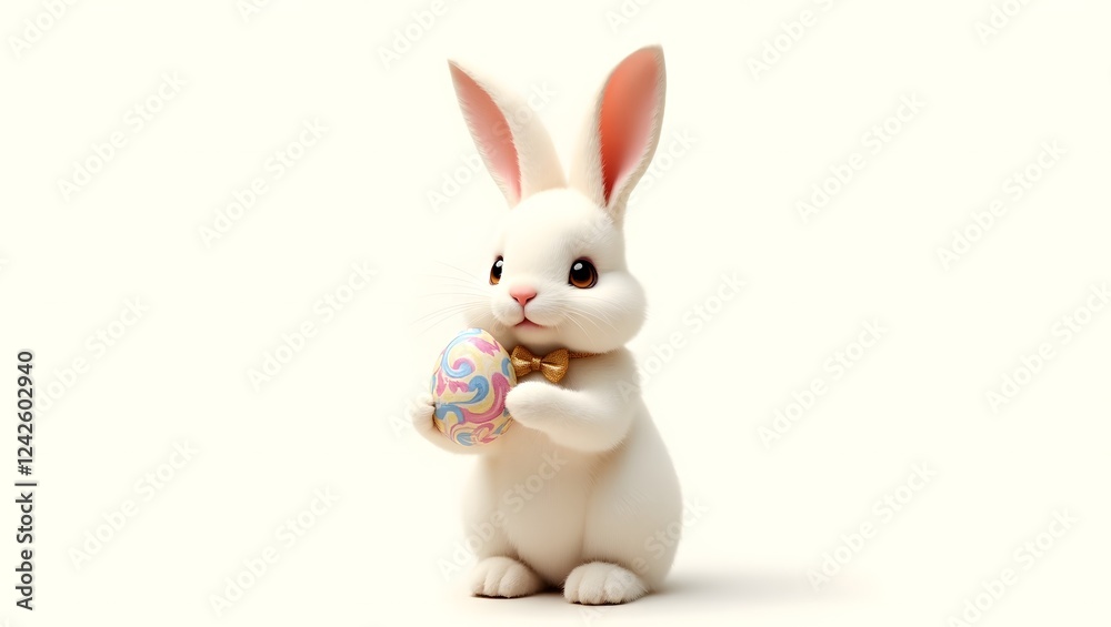 Obraz premium Cheerful Easter Bunny with Basket of Colorful Eggs in a Playful Pose, Happy Easter Bunny Holding Basket of Eggs on a Bright, Simple Background