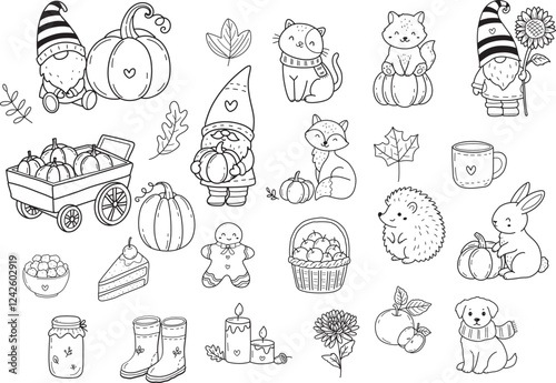 Autumn line art fall with gnome wildanimal pumpkin doodle outline elements, hand drawn leaf flower isolated.vector illustration