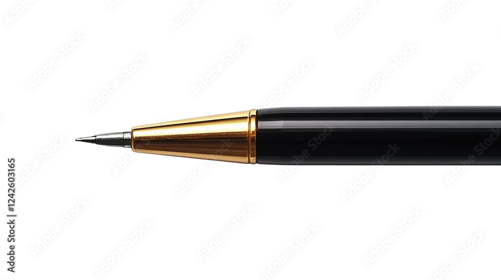Close up view of black pen tip with gold colored top, against a pure white background. A simple, studio shot of a writing instrument. Close up view of black pen tip with gold colored top, against a pure white background. A simple, studio shot of a writing instrument.