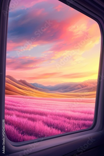 Wallpaper Mural Colorful Sunset Over Pink Flower Field in Window View Torontodigital.ca
