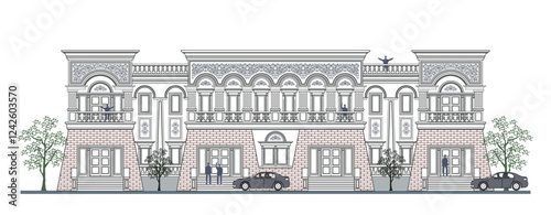 Facade of 2 storeys symmetrical modern classic building with 6 doors, windows, 11 columns, balustrade, frames, decoration, stairs, crowns, canopy, balcony and trapezoidal wall elements.